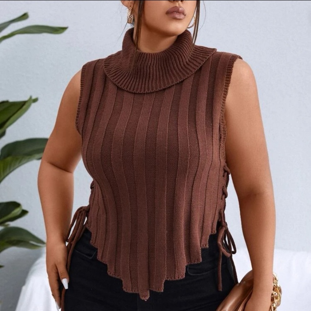 Brown Sleeveless turtleneck w/ lace up sides.